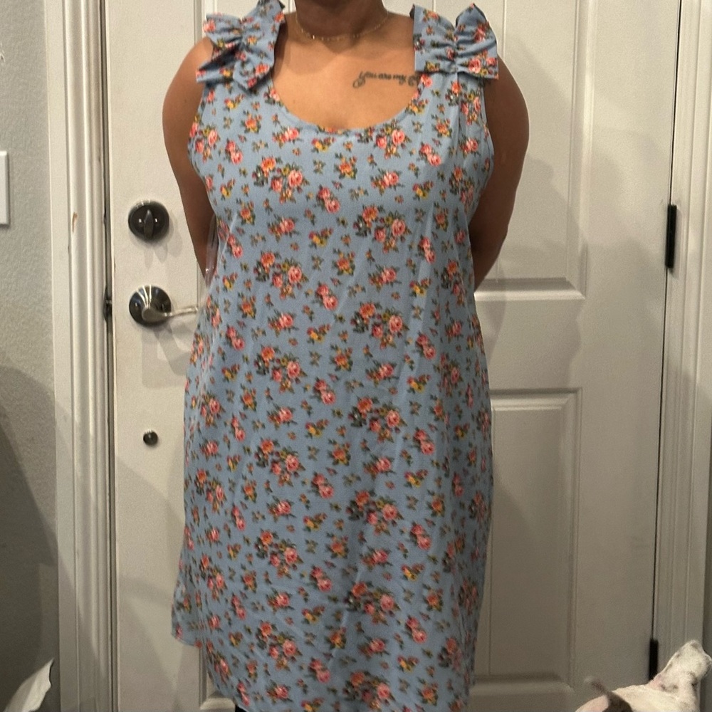 Floral Pink and Blue Bow Strap Mini Dress